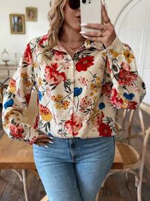 SHEIN Unity Hơn In hoa Nút phía trước Áo sơ mi - Màu be - Xem 5