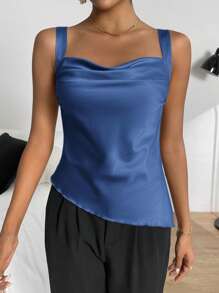 SHEIN Privé Draped Collar Satin Cami Top - Navy Blue - View 6