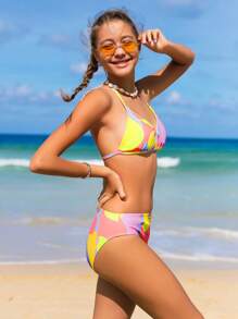 少女全身印花吊带比基尼套装夏日海滩