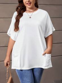 SHEIN LUNE Plus Solid Batwing Sleeve Tee - White - View 1