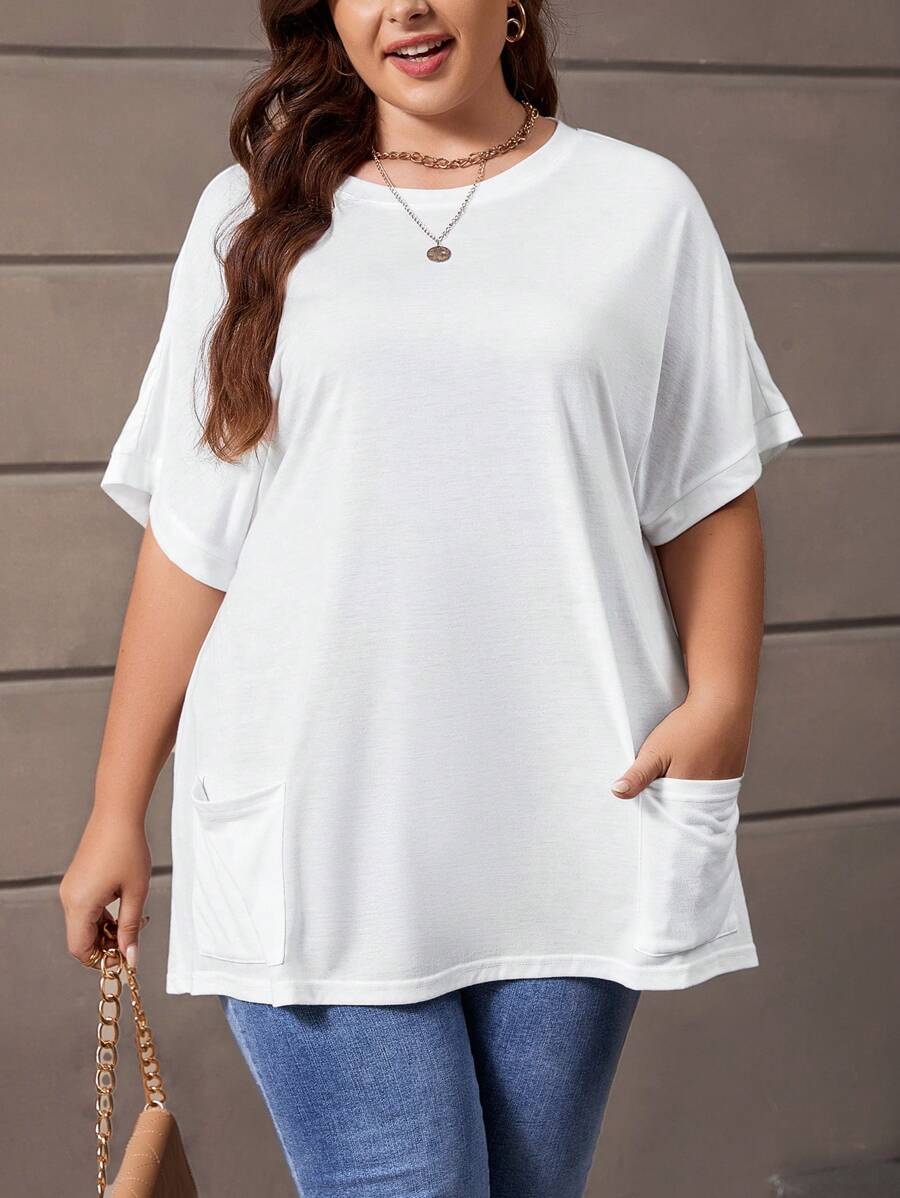 SHEIN LUNE Plus Solid Batwing Sleeve Tee - White - View 1