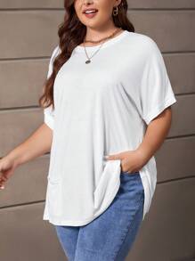 SHEIN LUNE Plus Solid Batwing Sleeve Tee - White - View 5