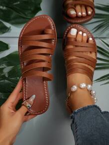 女士休闲时尚平底凉鞋、趾柱带平底拖鞋、沙滩人字拖 - 棕色 - 查看 1