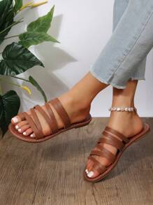 女士休闲时尚平底凉鞋、趾柱带平底拖鞋、沙滩人字拖 - 棕色 - 查看 2