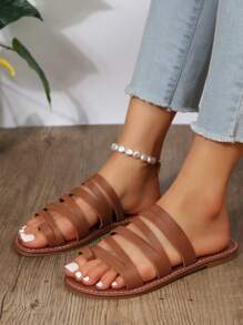 女士休闲时尚平底凉鞋、趾柱带平底拖鞋、沙滩人字拖 - 棕色 - 查看 5