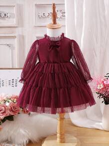 Baby Girl Dobby Mesh Overlay Flounce Sleeve Ruffle Hem Bow Front Dress - Burgundy - View 1
