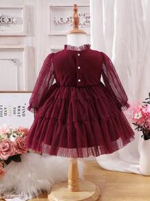 Baby Girl Dobby Mesh Overlay Flounce Sleeve Ruffle Hem Bow Front Dress - Burgundy - View 2