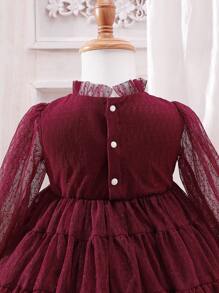 Baby Girl Dobby Mesh Overlay Flounce Sleeve Ruffle Hem Bow Front Dress - Burgundy - View 3