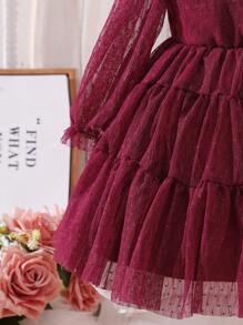 Baby Girl Dobby Mesh Overlay Flounce Sleeve Ruffle Hem Bow Front Dress - Burgundy - View 4