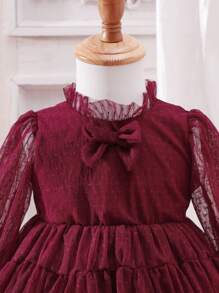 Baby Girl Dobby Mesh Overlay Flounce Sleeve Ruffle Hem Bow Front Dress - Burgundy - View 5