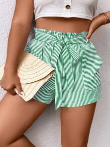 SHEIN Clasi Plus Striped Paperbag Waist Shorts - Green - View 1