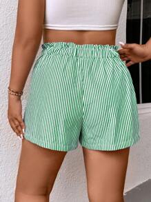 SHEIN Clasi Plus Striped Paperbag Waist Shorts - Green - View 2