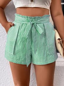 SHEIN Clasi Plus Striped Paperbag Waist Shorts - Green - View 4