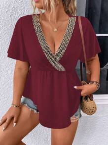 Calvaya 大碼織帶拼接蝴蝶袖荷葉邊下擺T恤