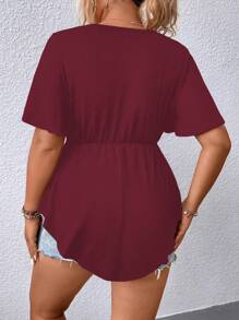 Calvaya 大碼織帶拼接蝴蝶袖荷葉邊下擺T恤