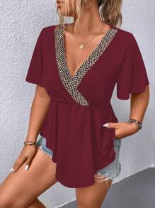 Calvaya 大碼織帶拼接蝴蝶袖荷葉邊下擺T恤