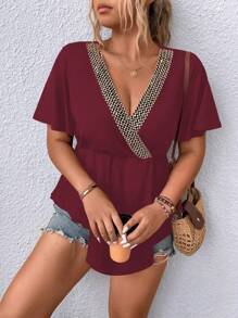 Calvaya 大碼織帶拼接蝴蝶袖荷葉邊下擺T恤