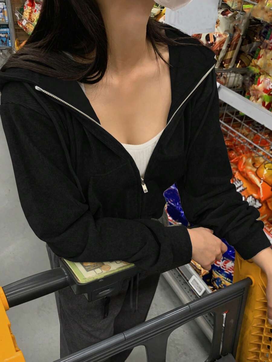 DAZY 素色拉鏈連帽衫 - 黑色 - 查看 1