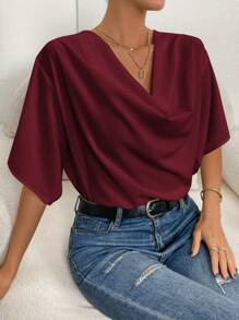 SHEIN Essnce Solid Draped Collar Batwing Sleeve Blouse - Burgundy - View 3
