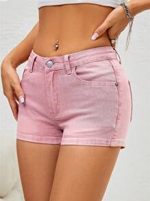 Solid Skinny Denim Shorts - Pink - View 2