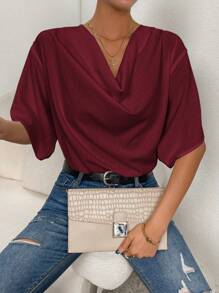 SHEIN Essnce Solid Draped Collar Batwing Sleeve Blouse - Burgundy - View 4