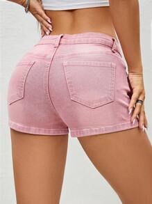 Solid Skinny Denim Shorts - Pink - View 4