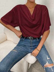 SHEIN Essnce Solid Draped Collar Batwing Sleeve Blouse - Burgundy - View 5