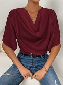 SHEIN Essnce Solid Draped Collar Batwing Sleeve Blouse - Burgundy - View 6