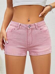 Solid Skinny Denim Shorts - Pink - View 5