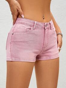 Solid Skinny Denim Shorts - Pink - View 6