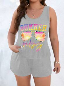 Calvaya Hơn Kính & Đồ họa Chữ cái Áo ba lỗ & Quần short - Xám - Xem 3