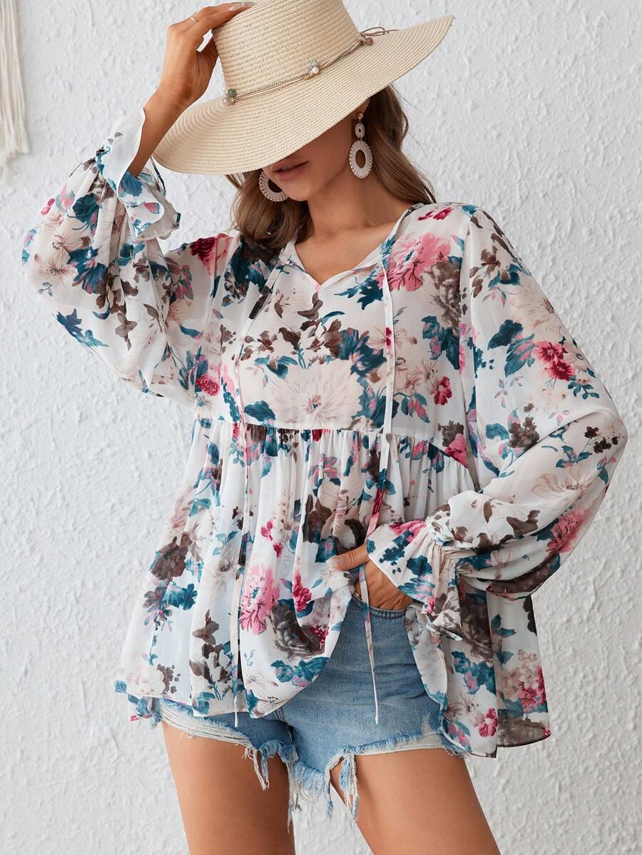 SHEIN VCAY In hoa tay áo lá sen Áo sơ mi Peplum - Nhiều màu - Xem 1