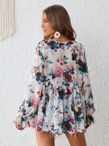 SHEIN VCAY In hoa tay áo lá sen Áo sơ mi Peplum - Nhiều màu - Xem 2