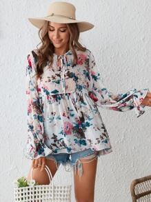 SHEIN VCAY In hoa tay áo lá sen Áo sơ mi Peplum - Nhiều màu - Xem 6