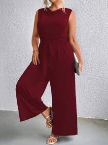 SHEIN Clasi 大碼垂領腰帶闊腿連體褲 - 酒紅色 - 查看 1