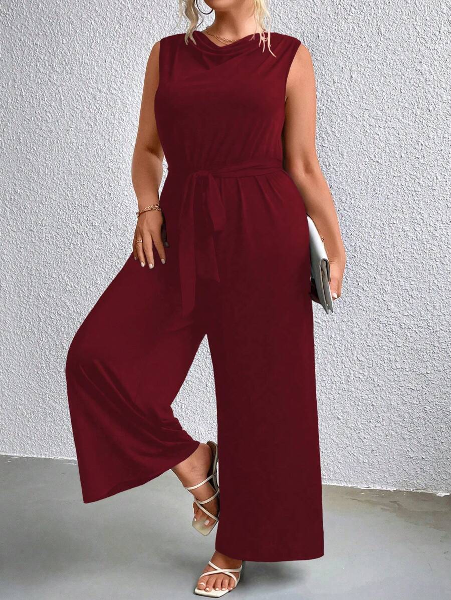 SHEIN Clasi 大碼垂領腰帶闊腿連體褲 - 酒紅色 - 查看 1