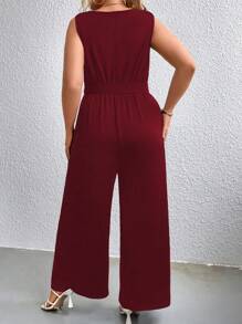 SHEIN Clasi 大碼垂領腰帶闊腿連體褲 - 酒紅色 - 查看 2