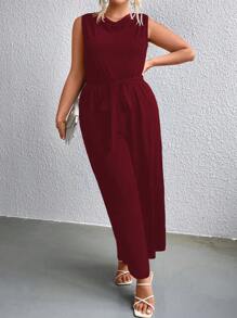 SHEIN Clasi 大碼垂領腰帶闊腿連體褲 - 酒紅色 - 查看 5