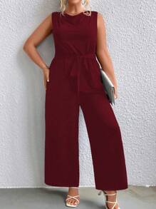 SHEIN Clasi 大碼垂領腰帶闊腿連體褲 - 酒紅色 - 查看 6