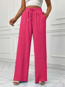 SHEIN Essnce Eo dây rút Quần ống rộng - Màu Hồng Tươi - Xem 1