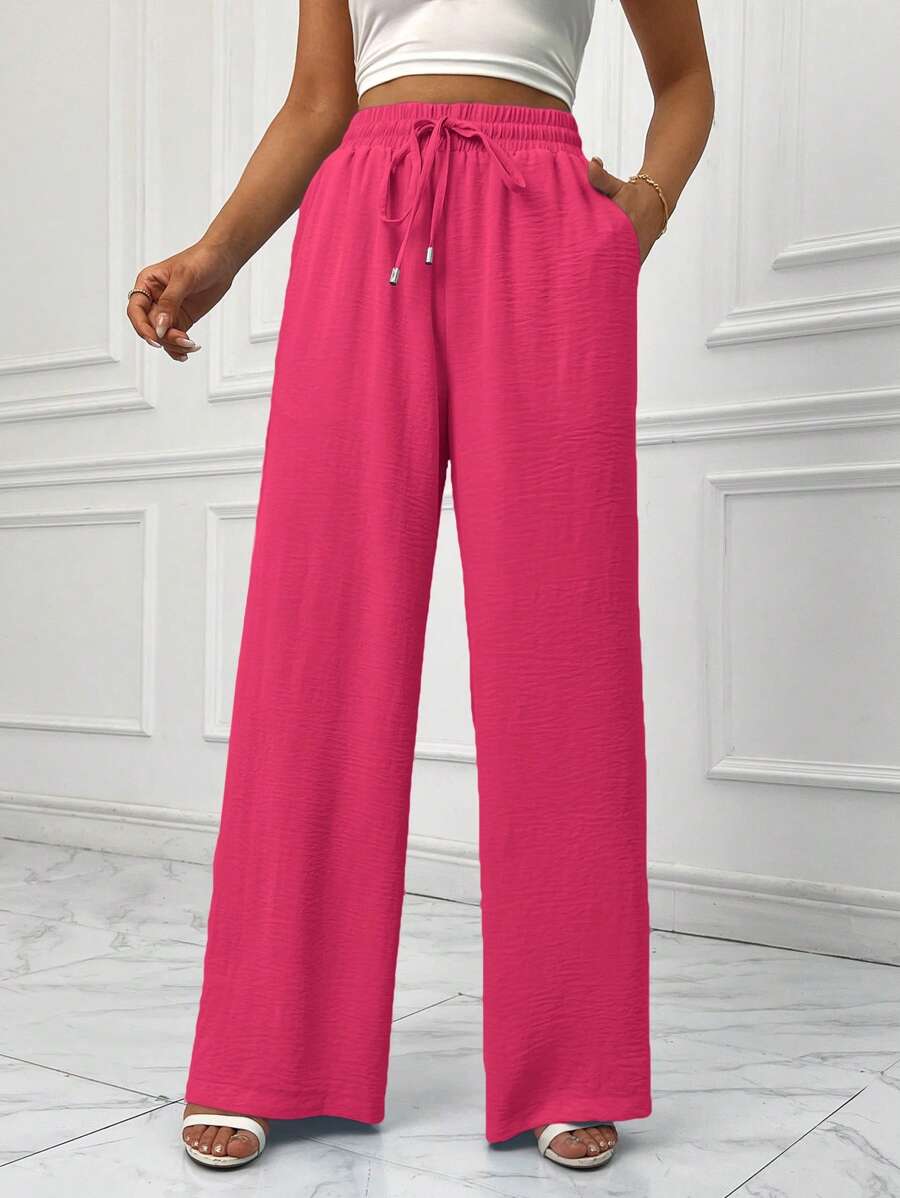 SHEIN Essnce Eo dây rút Quần ống rộng - Màu Hồng Tươi - Xem 1