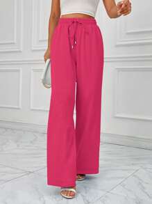 SHEIN Essnce Eo dây rút Quần ống rộng - Màu Hồng Tươi - Xem 3