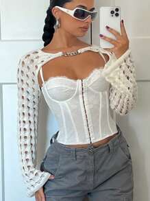 SHEIN ICON 1pc Chain Detail Open Knit Super Crop Jumper - Beige - View 1