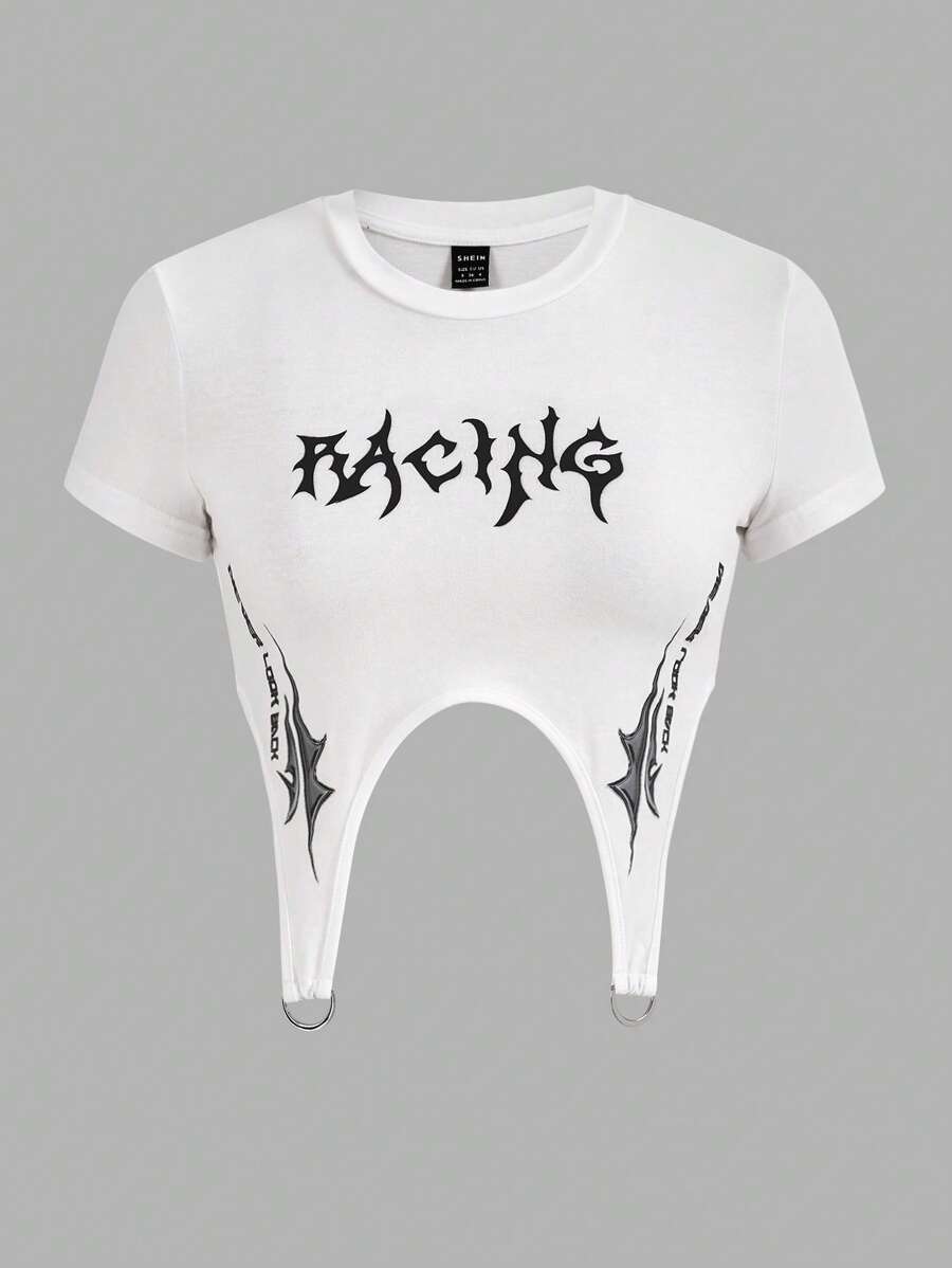 SHEIN ICON 字母圖案不對稱下擺短款T恤 - 白色 - 查看 1