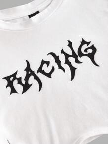 SHEIN ICON 字母圖案不對稱下擺短款T恤 - 白色 - 查看 3