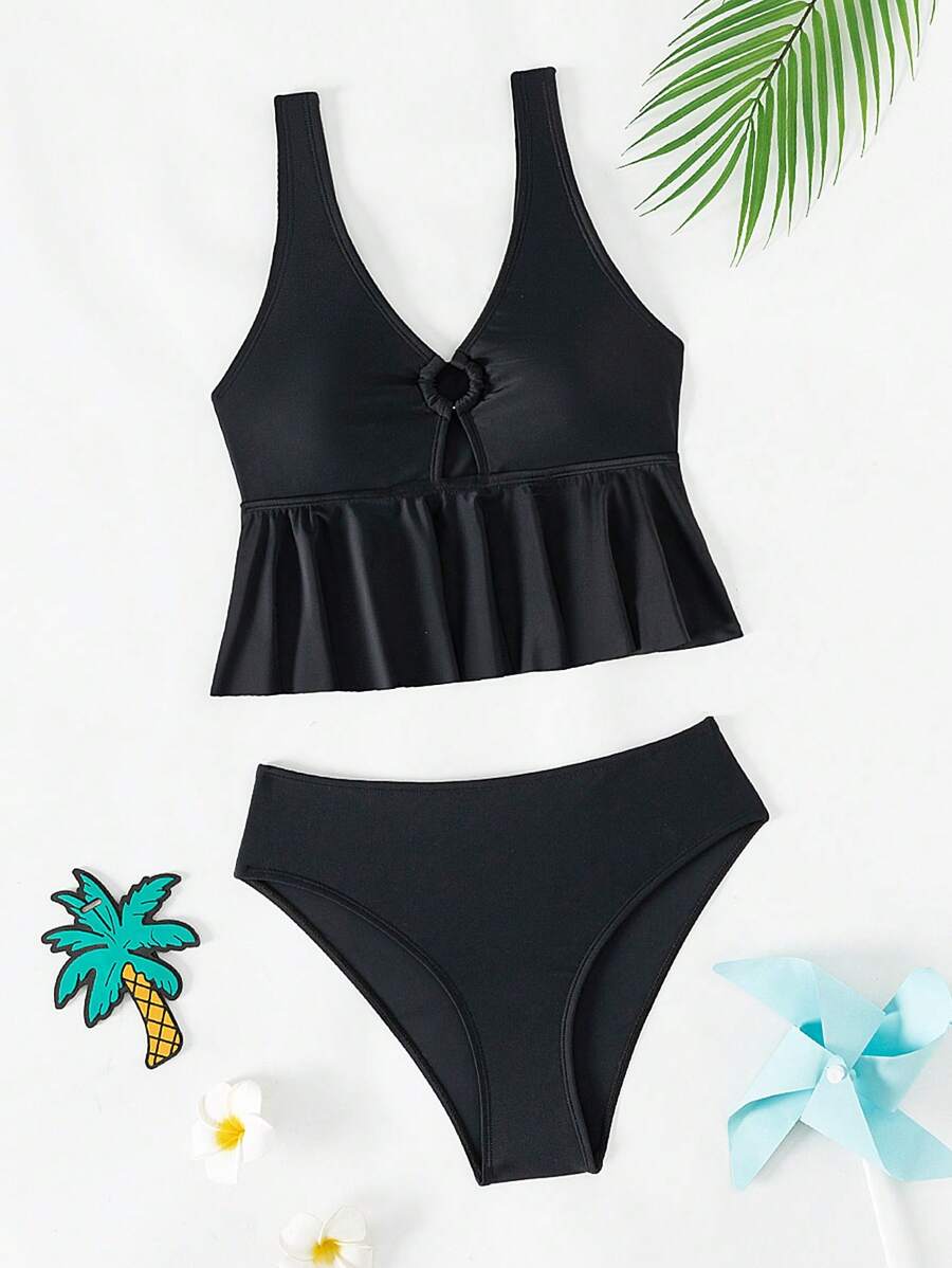 Teen Girl Ruffle Hem Bikini Set Summer Beach - Black - View 1