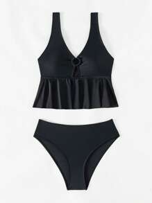 Teen Girl Ruffle Hem Bikini Set Summer Beach - Black - View 4