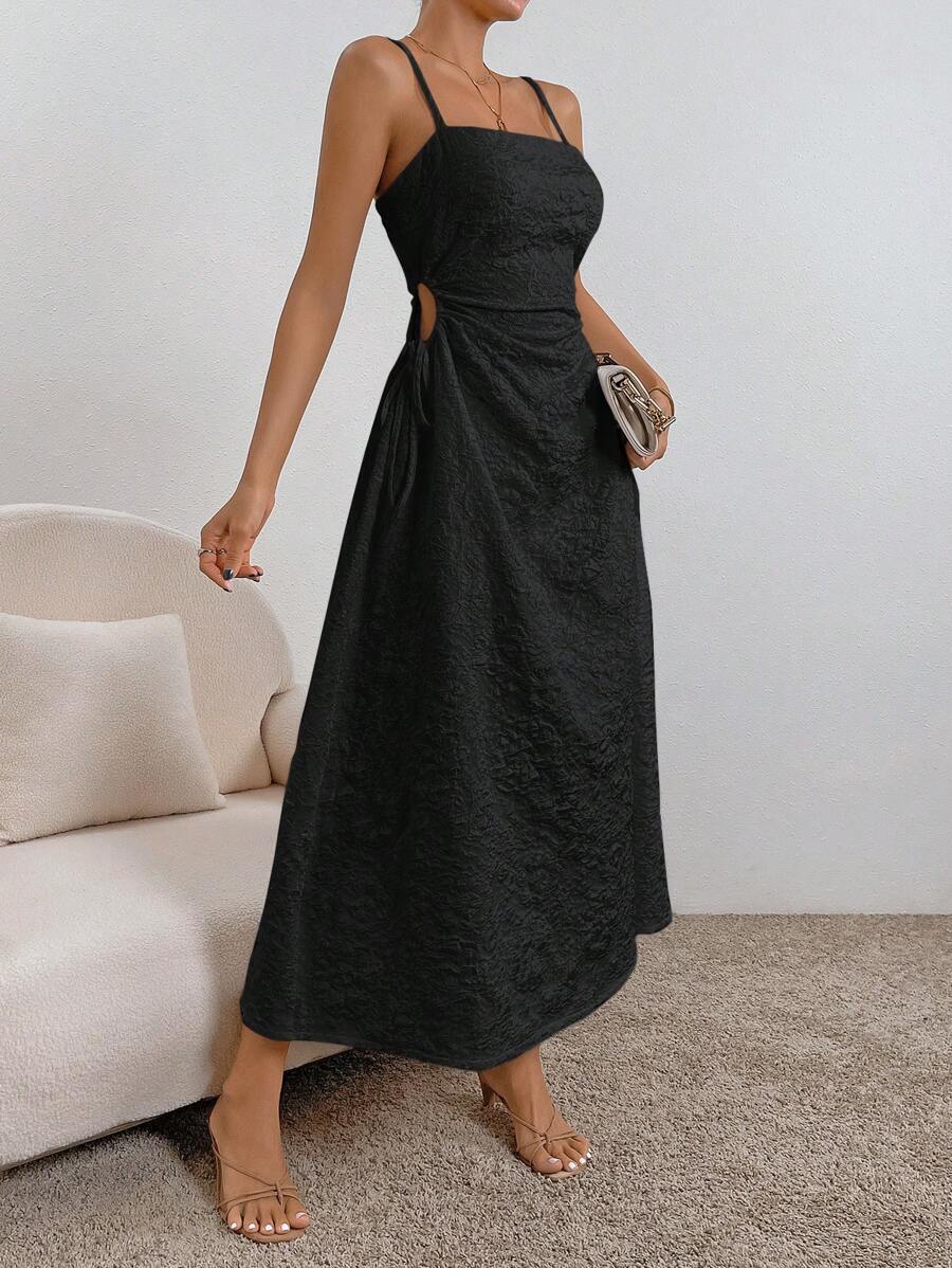 SHEIN Privé Solid Drawstring Side Cut Out Cami Dress - Black - View 1