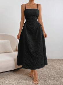 SHEIN Privé Solid Drawstring Side Cut Out Cami Dress - Black - View 3