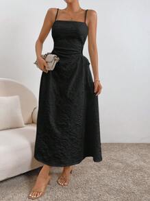 SHEIN Privé Solid Drawstring Side Cut Out Cami Dress - Black - View 4